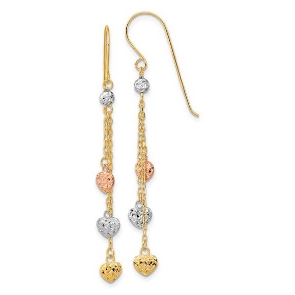 Solid 14K Tri-Color Gold Women's Triple Strand w/ Hearts Drop Dangle Earrings
